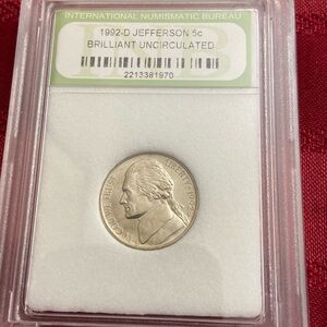 Vintage 1992D Jefferson Nickel BRILLIANT UNCIRCULATED